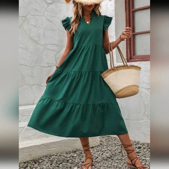 Notched Neckline Ruffle Trim Smock Dress - Picture 1 of 6
